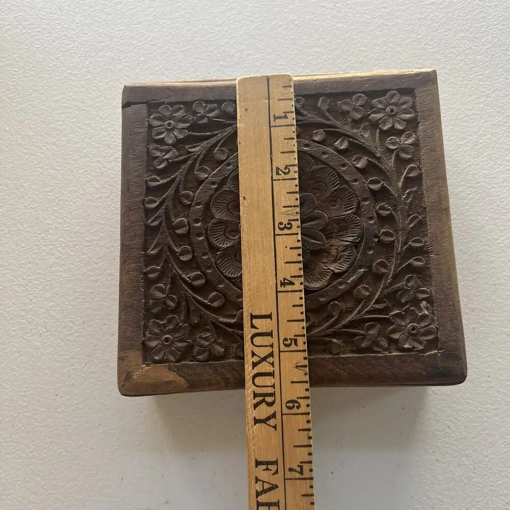 Vintage Hand Carved Wood Jewelry Trinket Box India Hinged Top 6 x 5.5 x 2.5 In